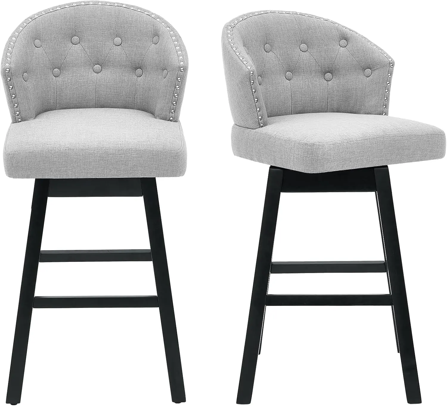 

29 Inch Upholstered Swivel Bar Stools Set of 2, Modern Tufted Linen Fabric Barstools with Solid Wood Legs。