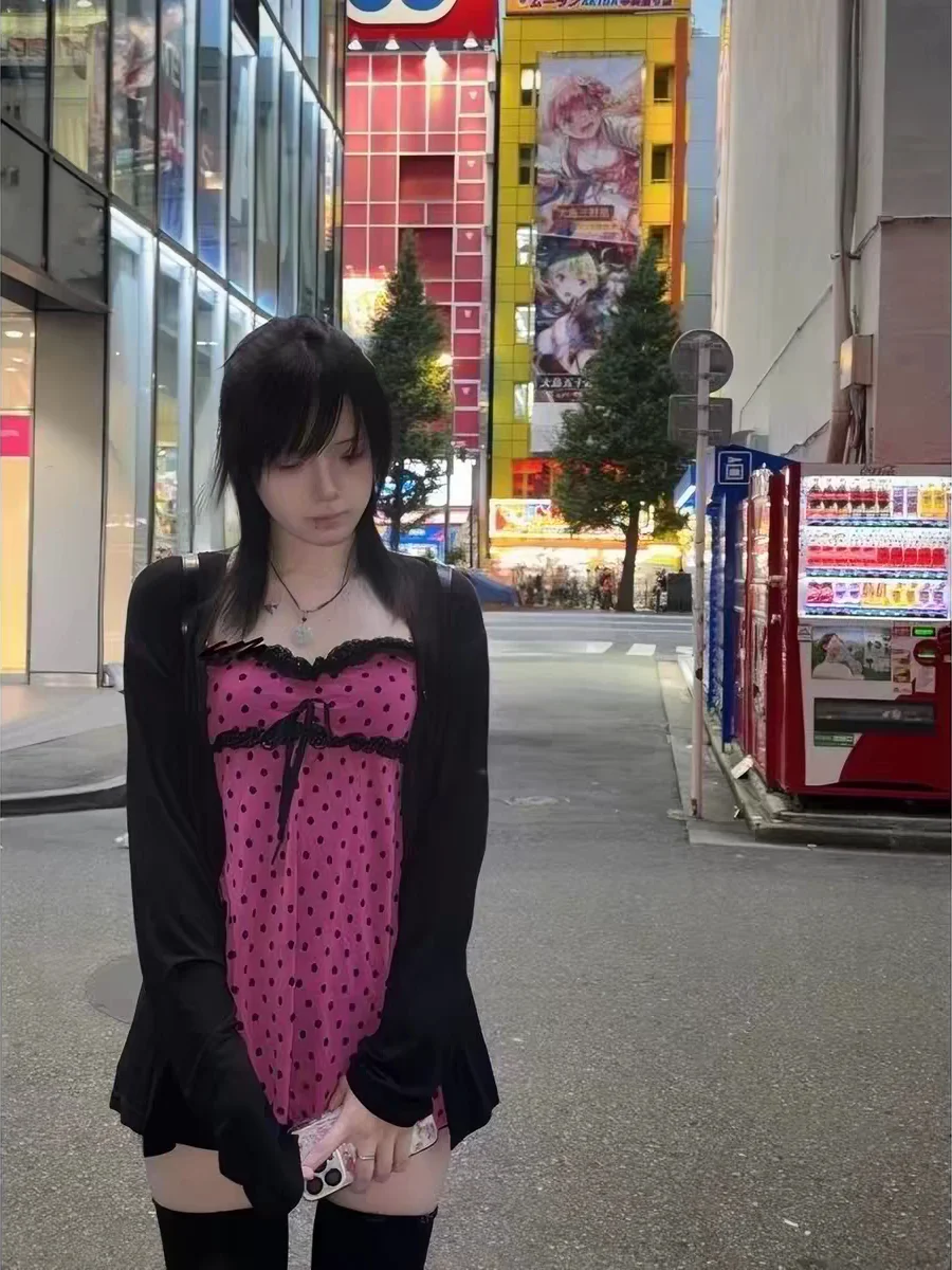 

Retro Cute Polka Dot Top And Cardigan Two-Piece Set Fashionable Spicy Girl Japanese Style Retro Fashionable Dot Print Outfit