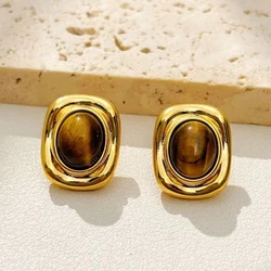 New Retro Golden Square Metal Frame Stud Earrings for Women Brown Acrylic Oval Bead Earrings Party Trendy Geometry Jewelry Gift