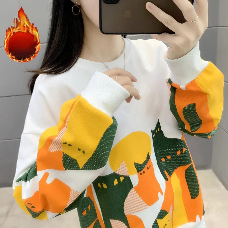 Spring Autumn Women\'s Clothing Pullover Round Neck Cartoon Printing Contrast Color Lantern Long Sleeve Hoodies Casual Loose Tops