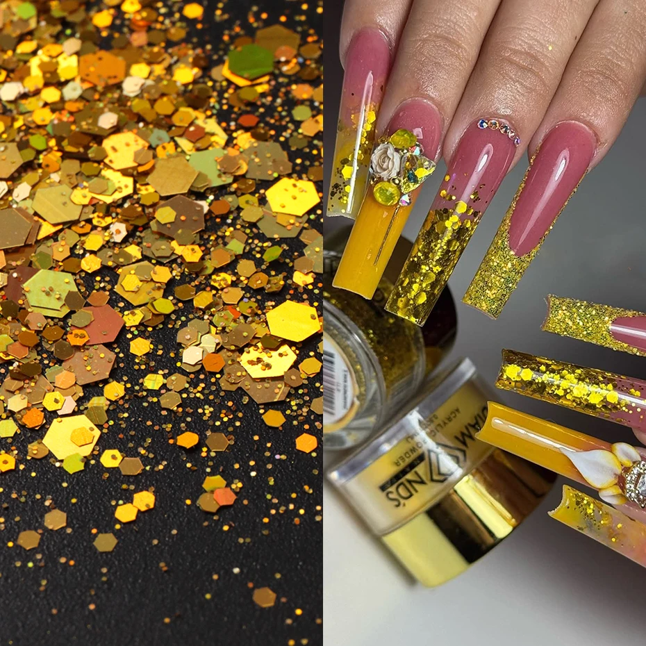14 Uds. Lentejuelas holográficas con purpurina para uñas, copos de uñas rojos dorados con láser hexagonal grueso para impresionantes manicura y manualidades DIY