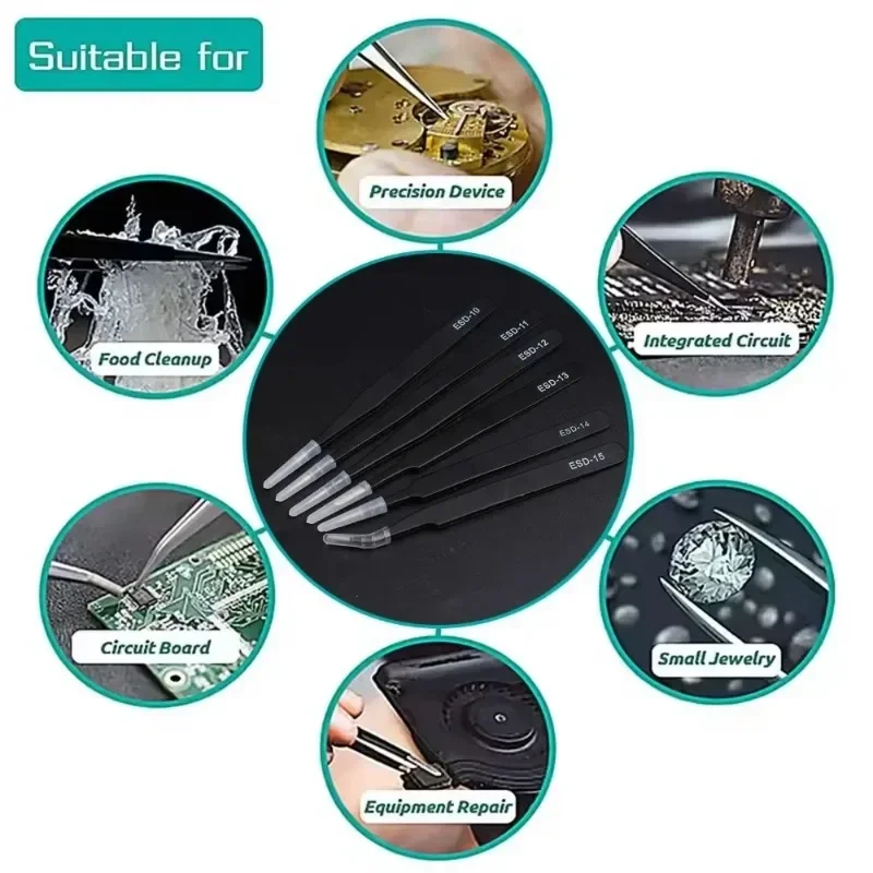 Hot Sell Precision Tweezers Set ESD Stainless Steel Anti-Static PCB Repair Tools For Electronics Soldering Craft