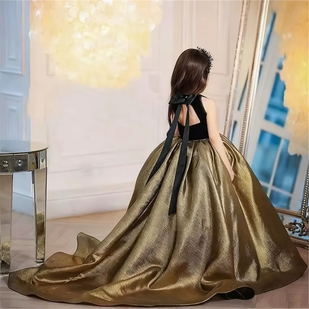 

Elegant Black Velvet Flower Girl Wedding Dress Sleeveless with Bow Princess Birthday Pageant Kids Christmas Party Prom Ball Gown