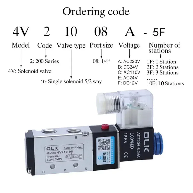 HLH 4V210-08 Pneumatic Solenoid Valve Block DC12/24V Multi Option With Muffler Fitting AC 110/220V Base Manifold 2/3/4/5/6/8/10