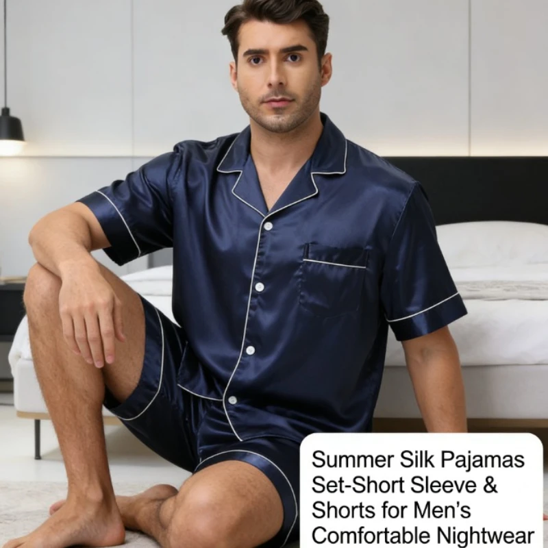 

Роскошный мужской комплект для сна из сатина: шорты и футболка с коротким рукавом, летняя пижама, домашний костюм