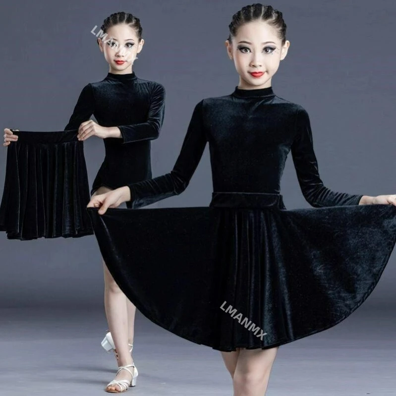 Traje de dança latina infantil, traje de dança para meninas, desempenho de competição de prática infantil, saia de dança latina, top dividido