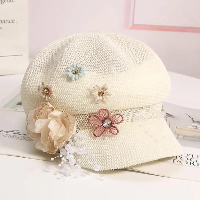 Hats for Women New Knitted Octagonal Hat Breathable Pearl Flower Beret Women Sun Hat Straw Hat Ladies Hats and Caps