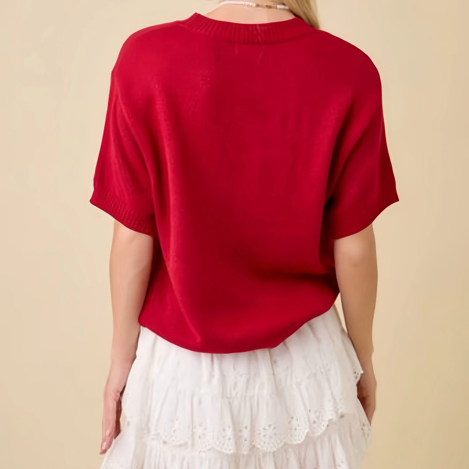 

Premium Women's Autumn Winter Knit Sweater Short Sleeve Round Neck Bow Strawberry Print Knitwear