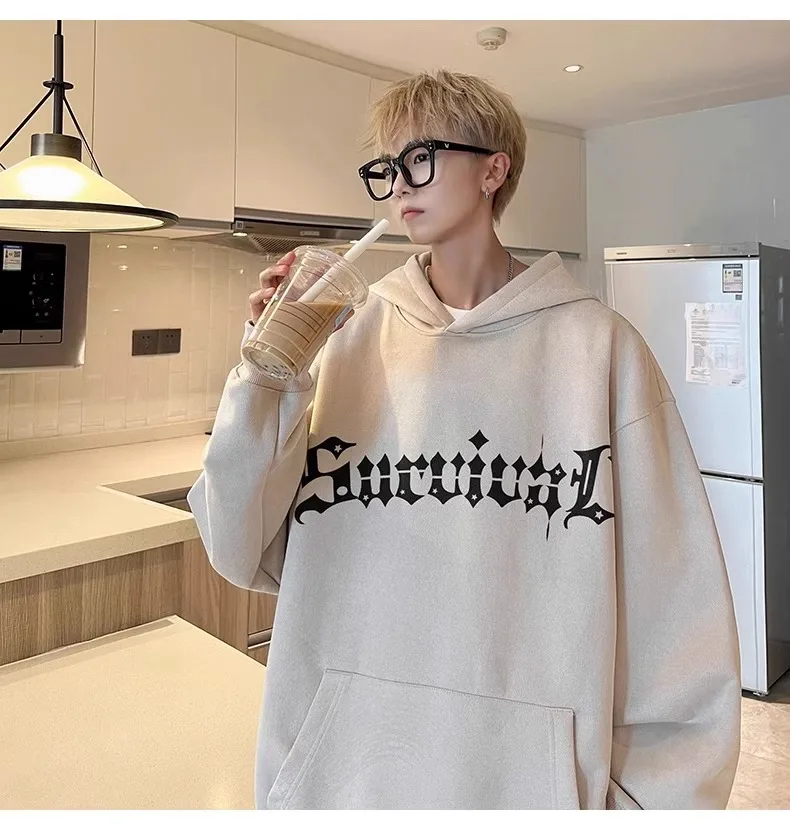 خريف شتاء جديد الرجال الجلد المدبوغ رمادي المشمش مقنعين البلوز النمط الأمريكي العنكبوت إلكتروني طباعة الأسود المخملية حجم كبير سترة