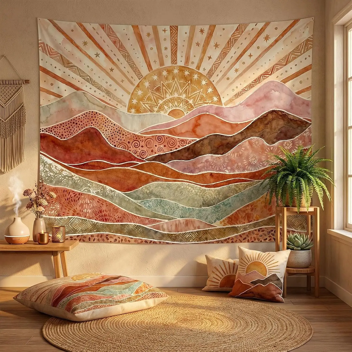 Boho Desert Sun Tapestries Watercolor Mountain Landscape Tapestries Terracotta Sage Wall Tapestry Bedroom Dormitory Living Room
