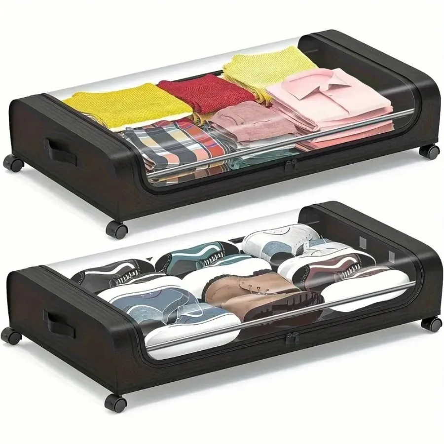 Two multifunctional under bed storage compartments with wheels and transparent covers suitable for bedrooms kitchens and bathro