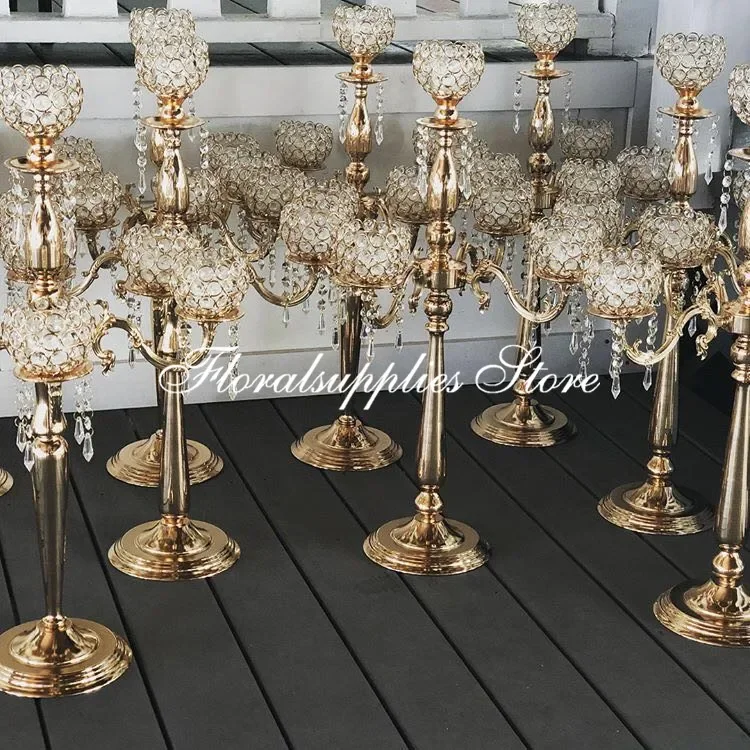 wholesale 5-arm 75 cm tall gold silver color crystal candelabra candlestick decorative wedding centerpieces for event decoration