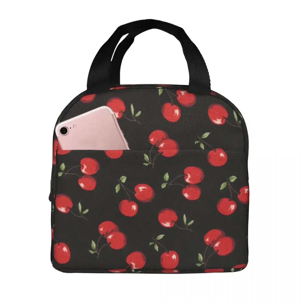 

Cherry Lunch Bag Portable Insulated Oxford Cooler Bags Thermal School Tote for Women Girl