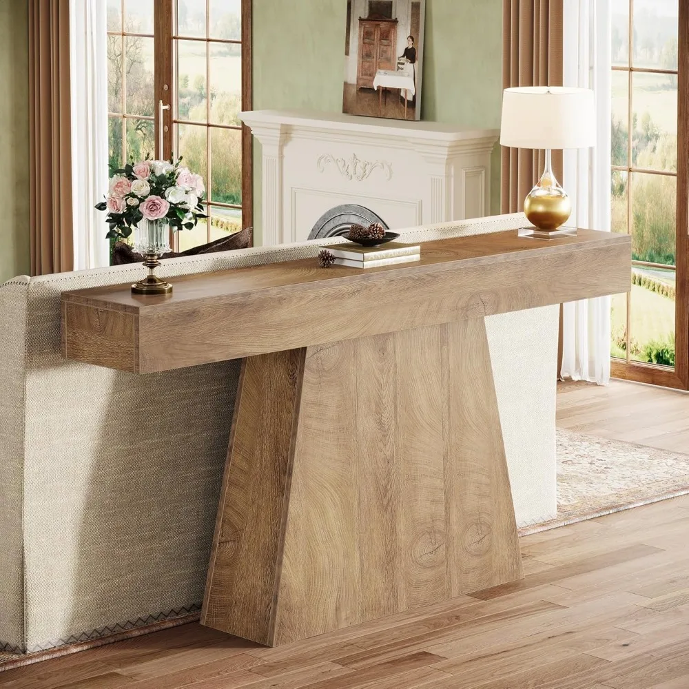 Farmhouse Style Entryway Console Table with Trapezoidal Base, Long Narrow Wood Sofa Table for Behind Couch, Rustic Look