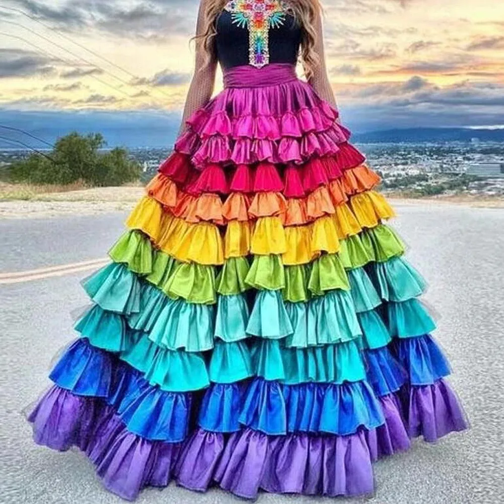 Falda de colores del arco iris para mujer, faldas escalonadas para fiesta, evento Formal, faldas Maxi para niñas, parte inferior escalonada para celebridades, Saias