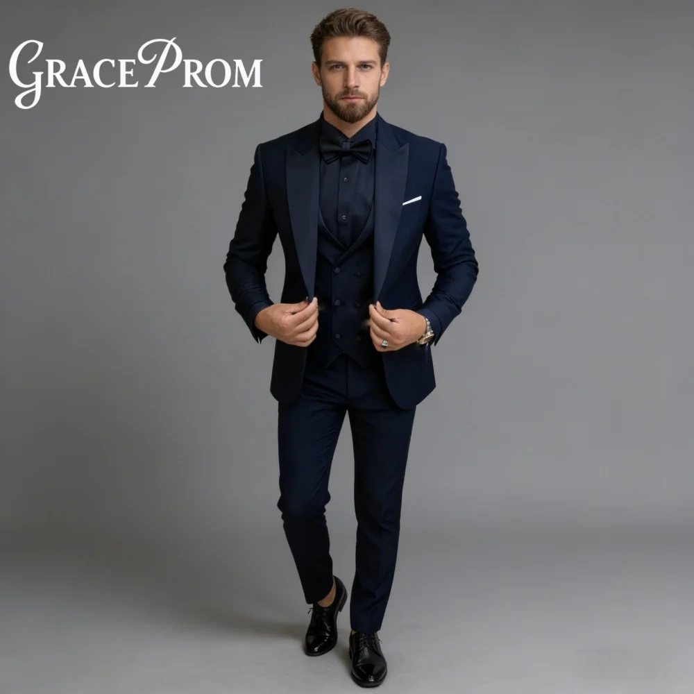 

Hot Navy Peak Lapel for Men Prom Formal Single Breasted 3PCS Suit Best Man Suit Set Jacket Vest Pants Prom Occasion Customized