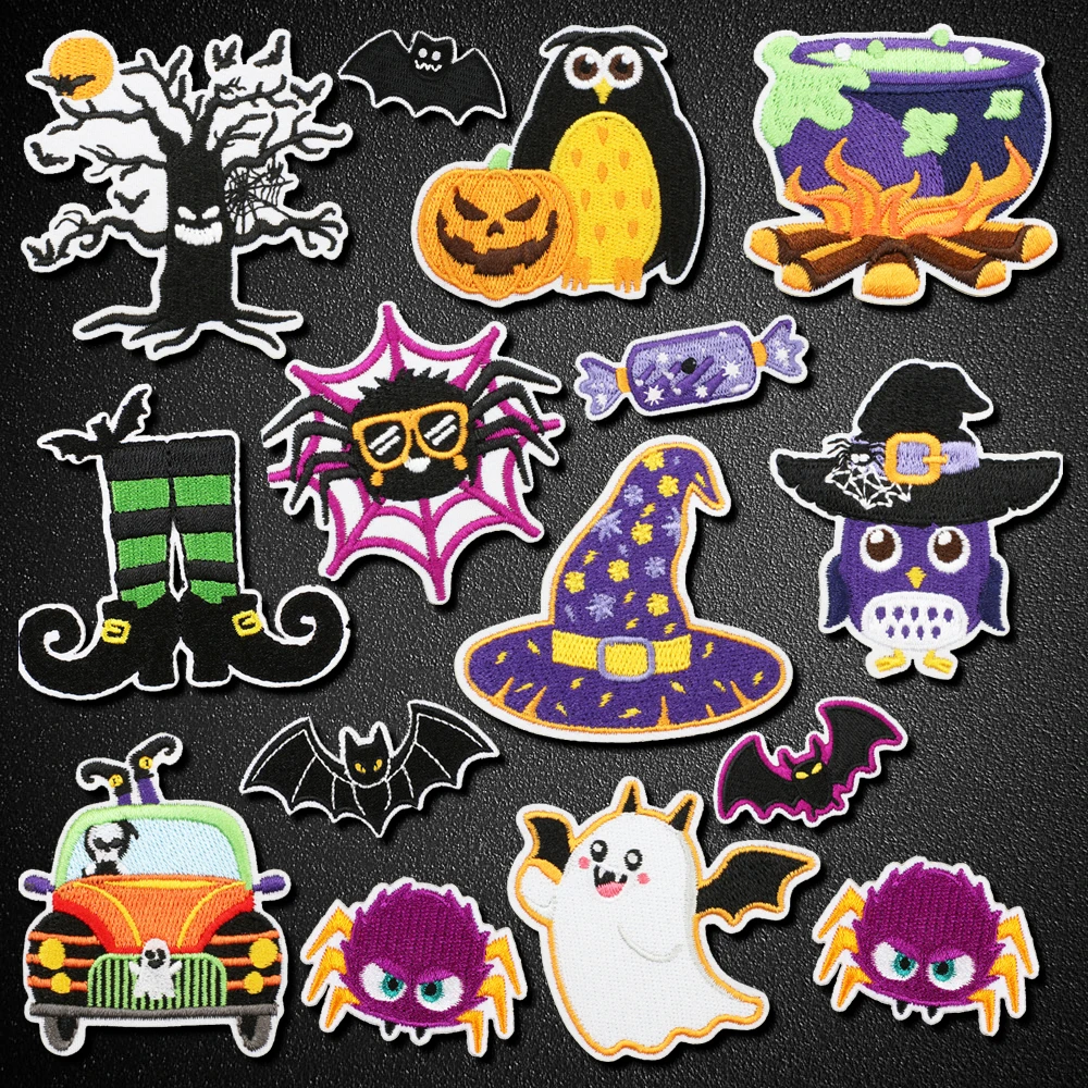 Halloween Costume Embroidery Patches Iron-on For Clothing Kids Spider Bat Ghost Pumpkin Owl Cat Applique DIY Clothes Accessories