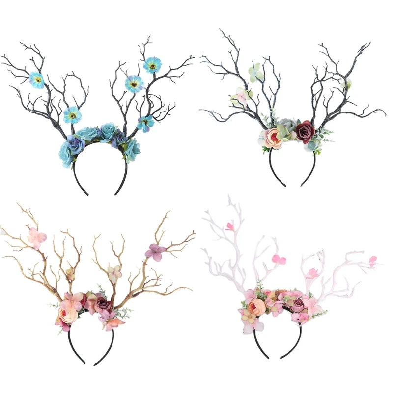 

Flower Hair Wreath Deer Antlers Headbands Reindeer Headdress Floral Headwears Holiday Wedding Photo Props