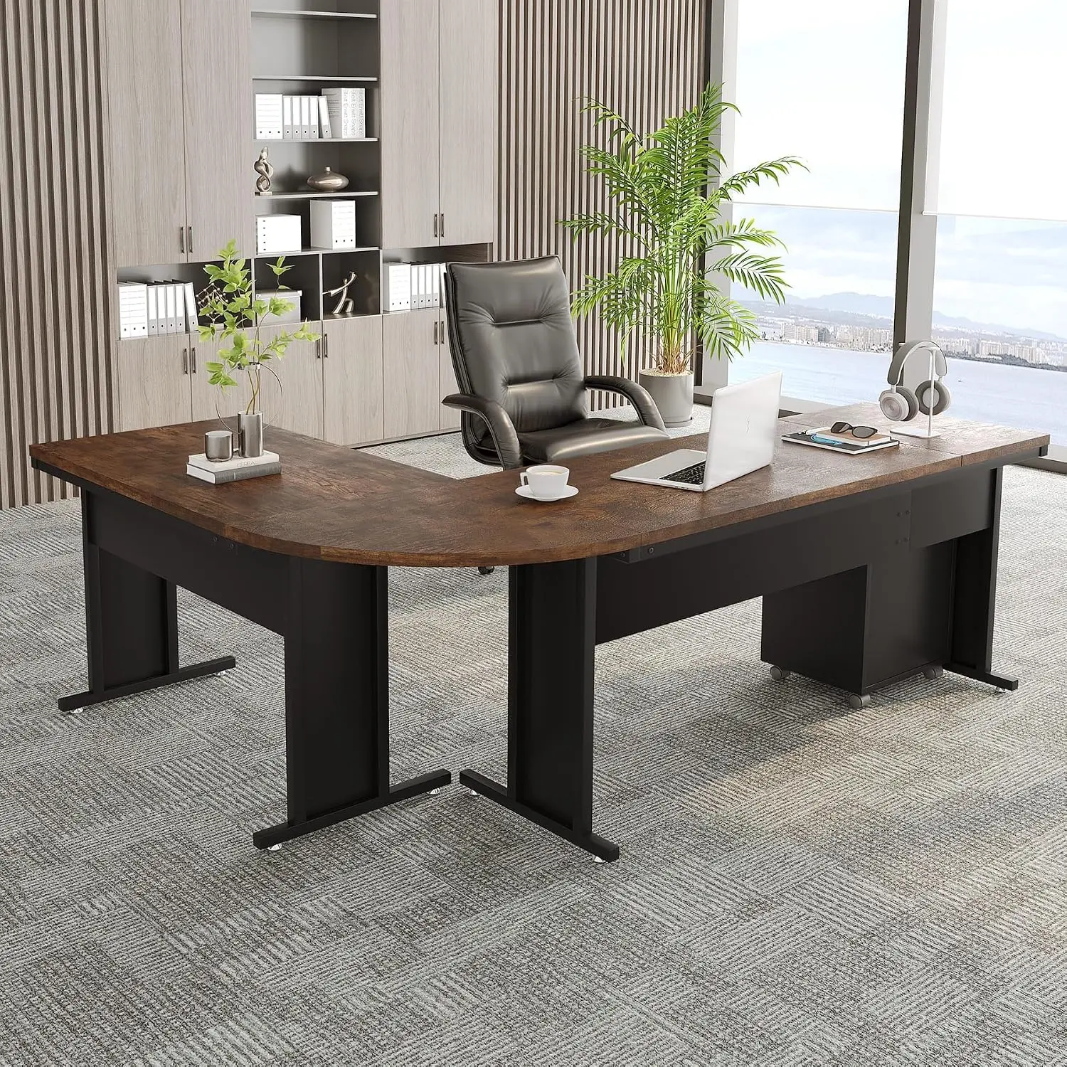 83 Inch L Shaped Executive Desk Large Office Drawers Industrial Corner Computer Table Rolling File Cabinet Home Business Worksta