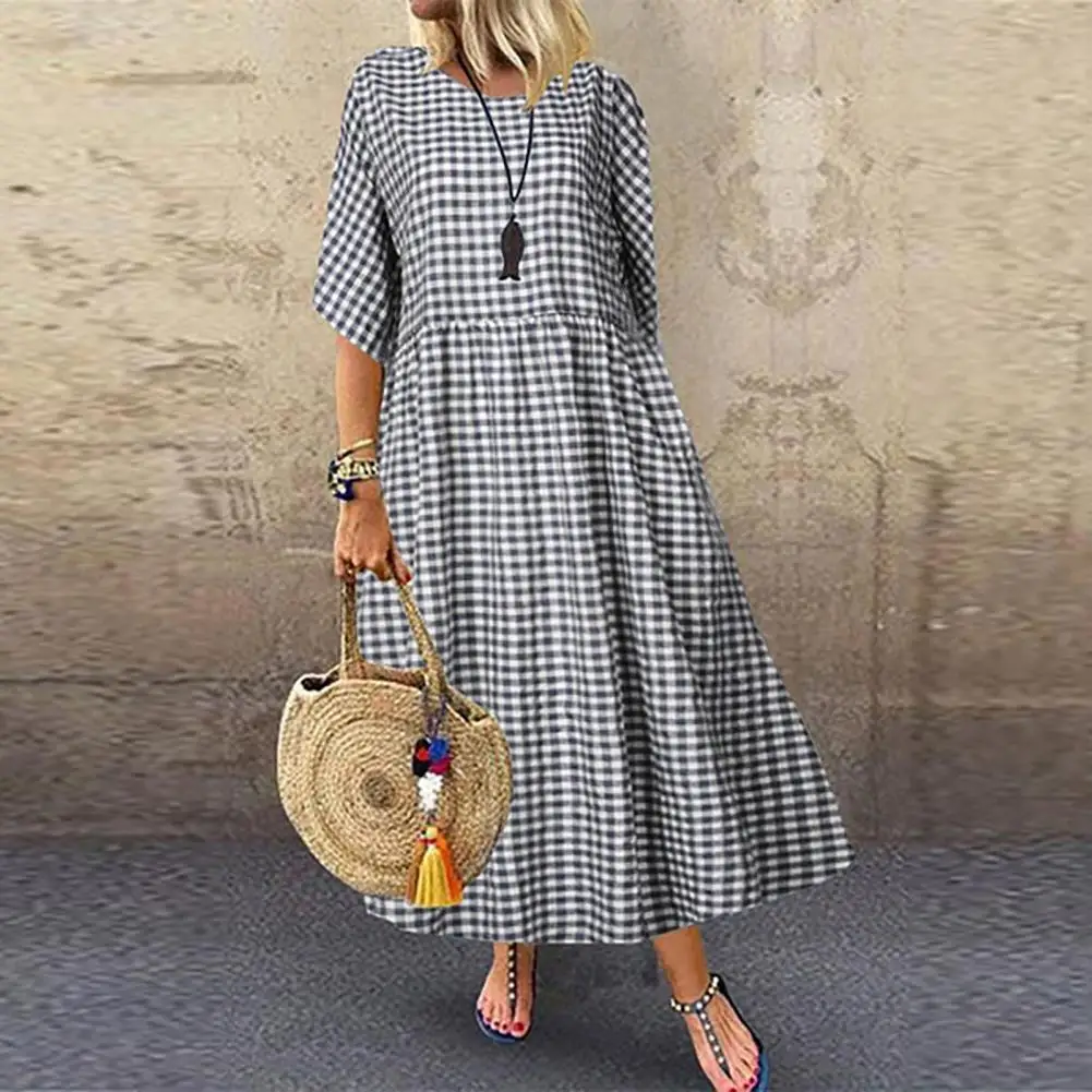 

Commute Dress Stylish Check Print Maxi Dress for Women A-line Silhouette Pleated Design Short Sleeves for Commuting Dating Wear