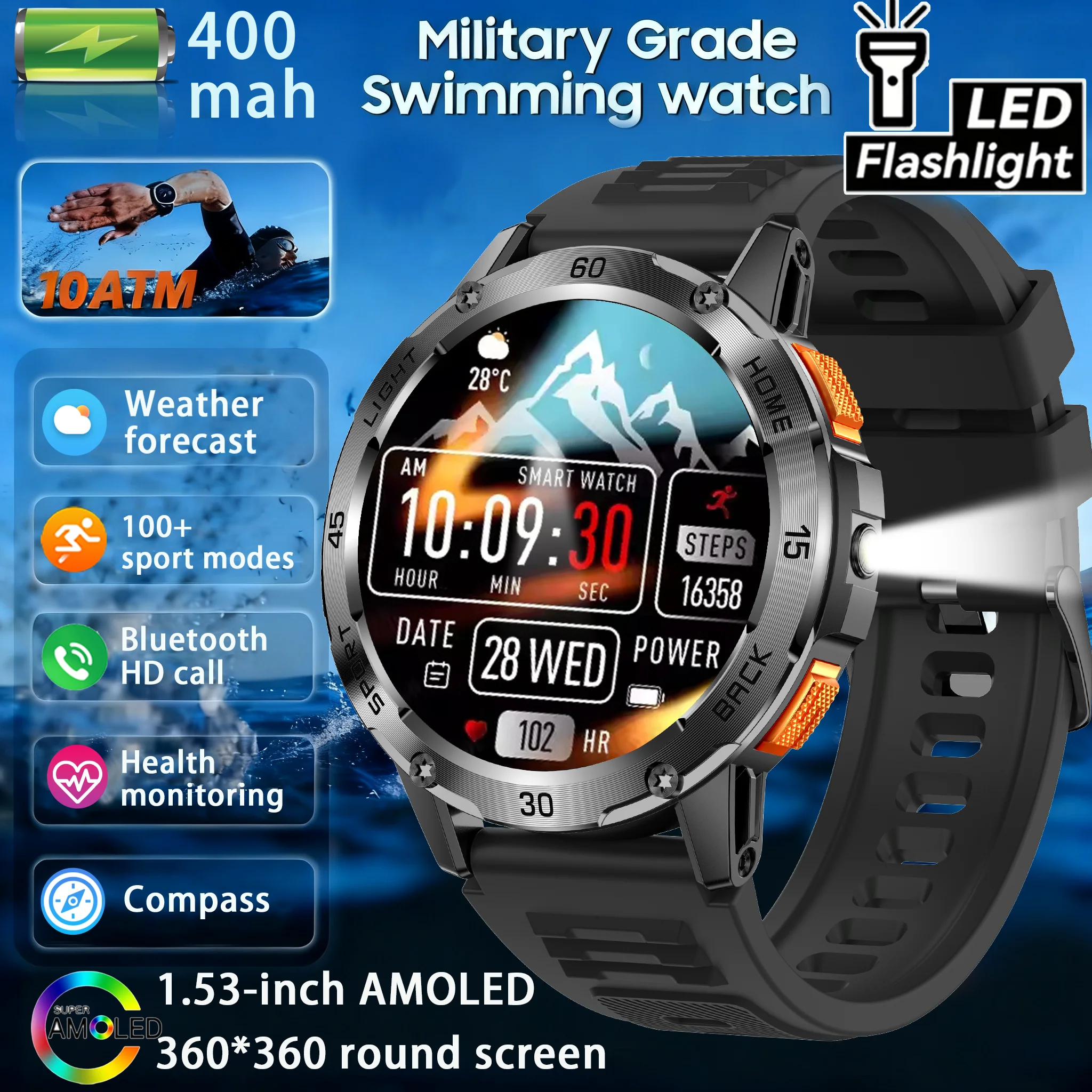 

2025 New Military Smart Watch 400Mah Battery Compass 10ATM Waterproof Tactics Sport 4GB Memory BT call Smart Watches For Men