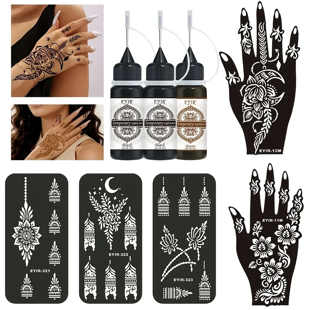 Henna Tattoo Set 3-teilig Temporäres Tattoo-Gel mit Wiederverwendbaren Blumenschablonen DIY Körperkunst Handmalerei Festival Party – Detail 1