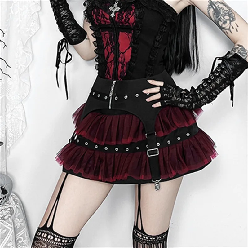 Goth Dark Kawaii Mesh Patchwork Ballet Skirt E-girl Mall goth Slim Zip Corn Mini Skirts Women Streetwear Cyber Y2K A-line Bottom