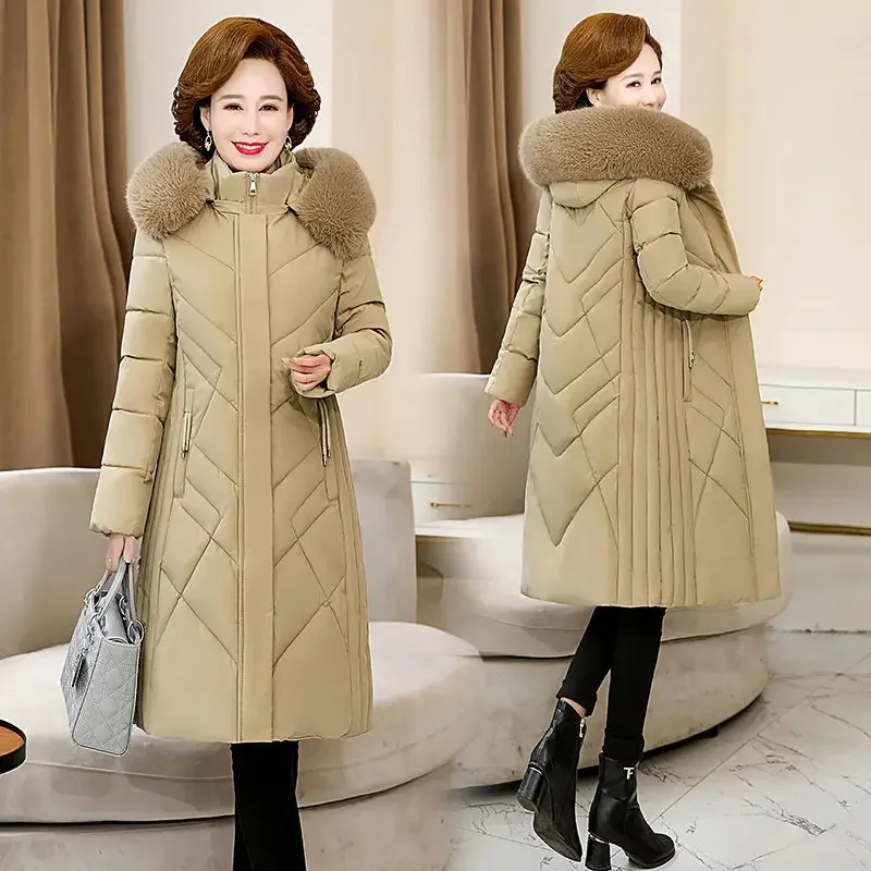 Middle-aged Mother Big fur collar Hooded Winter Jacket Thicken Parkas Plus size Down Cotton Long Coat Warm Snow Outerwear Female