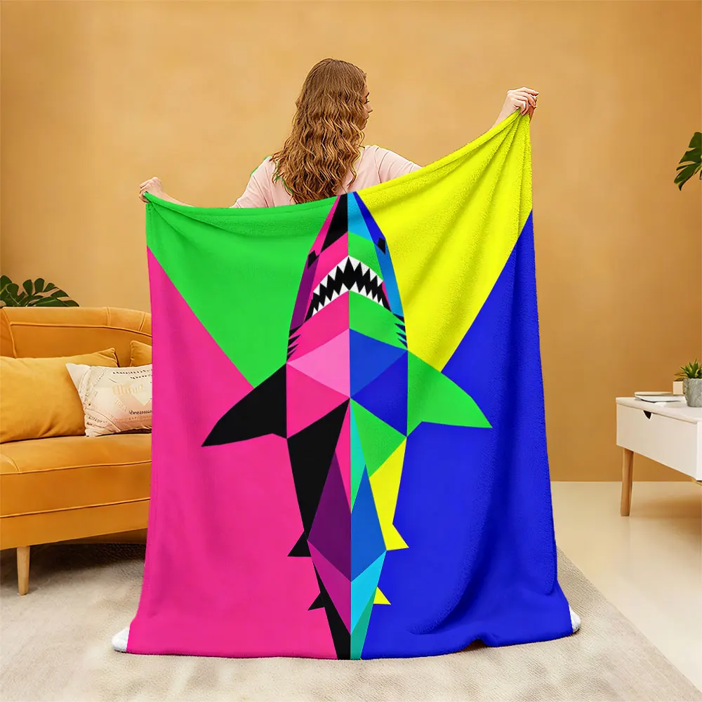 1pc multi-color geometric shark flannel blanket, soft and comfortable lunch breaks  casual gift blanket