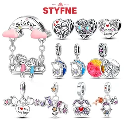 Sterling Silver S925 Sisters on The Swing Charms Heart Bead Fit Original Bracelet Bangle DIY Fine Gift Jewelry for Women