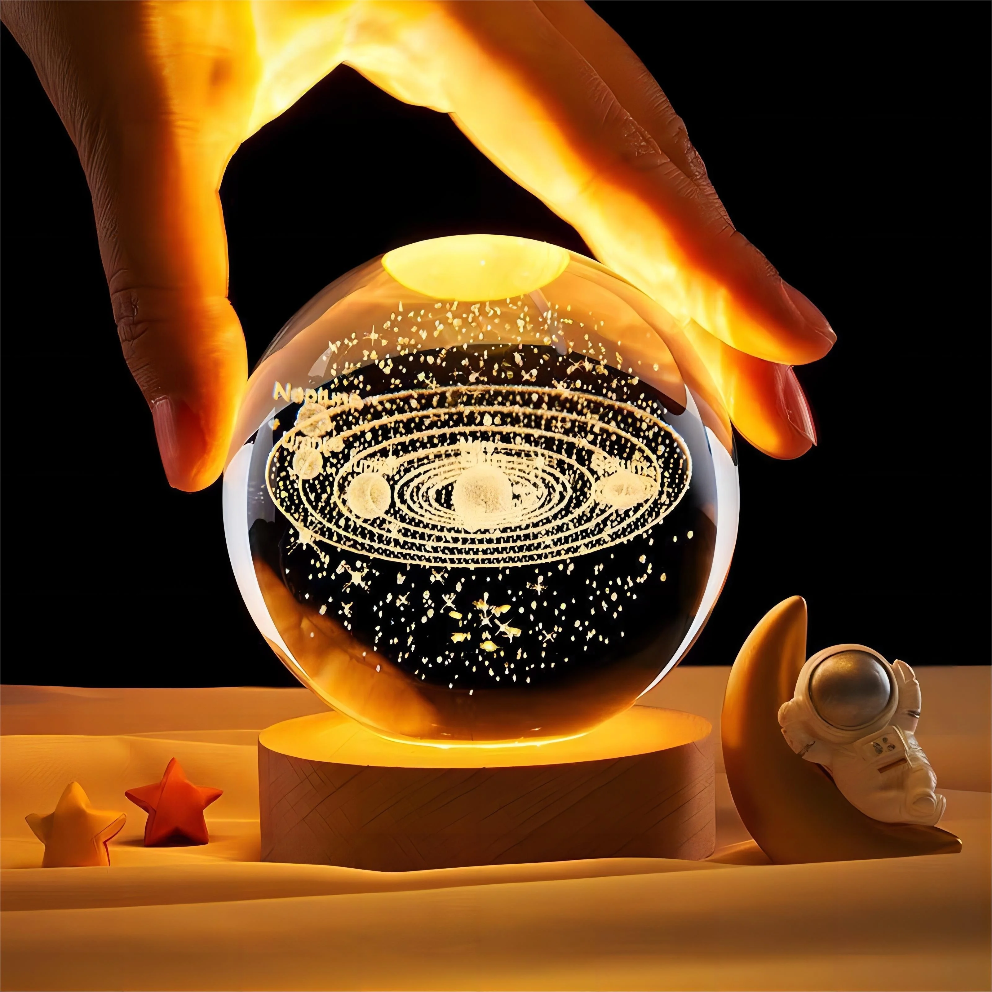 Carved Crystal Ball Night Light - Warm and Soft Yellow Glow, Wooden Base, /Solar System/Saturn/ Design Options, Perfect Bedroom/