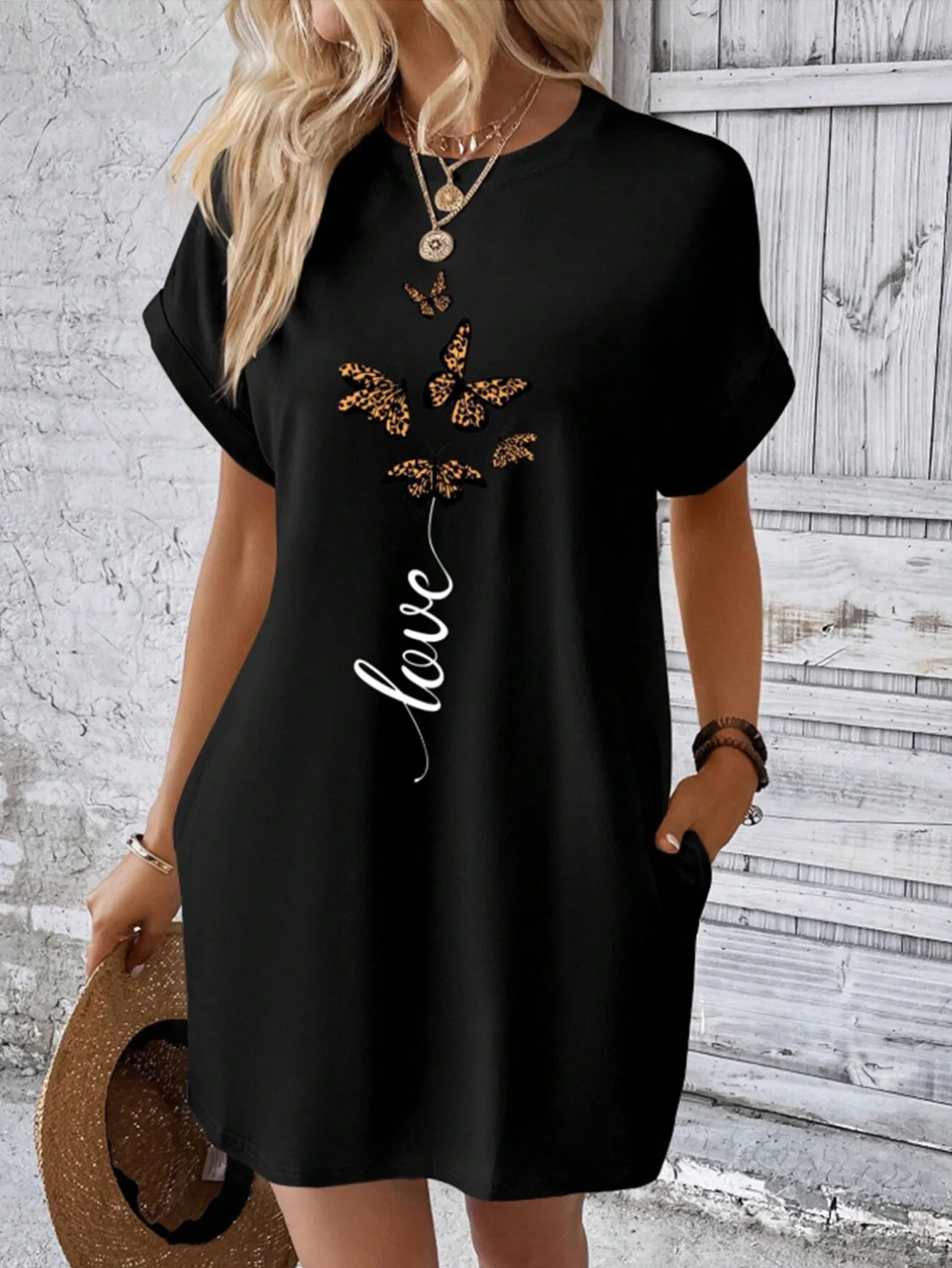 

Women Summer Short Sleeve Dress with Leopard Butterfly Print