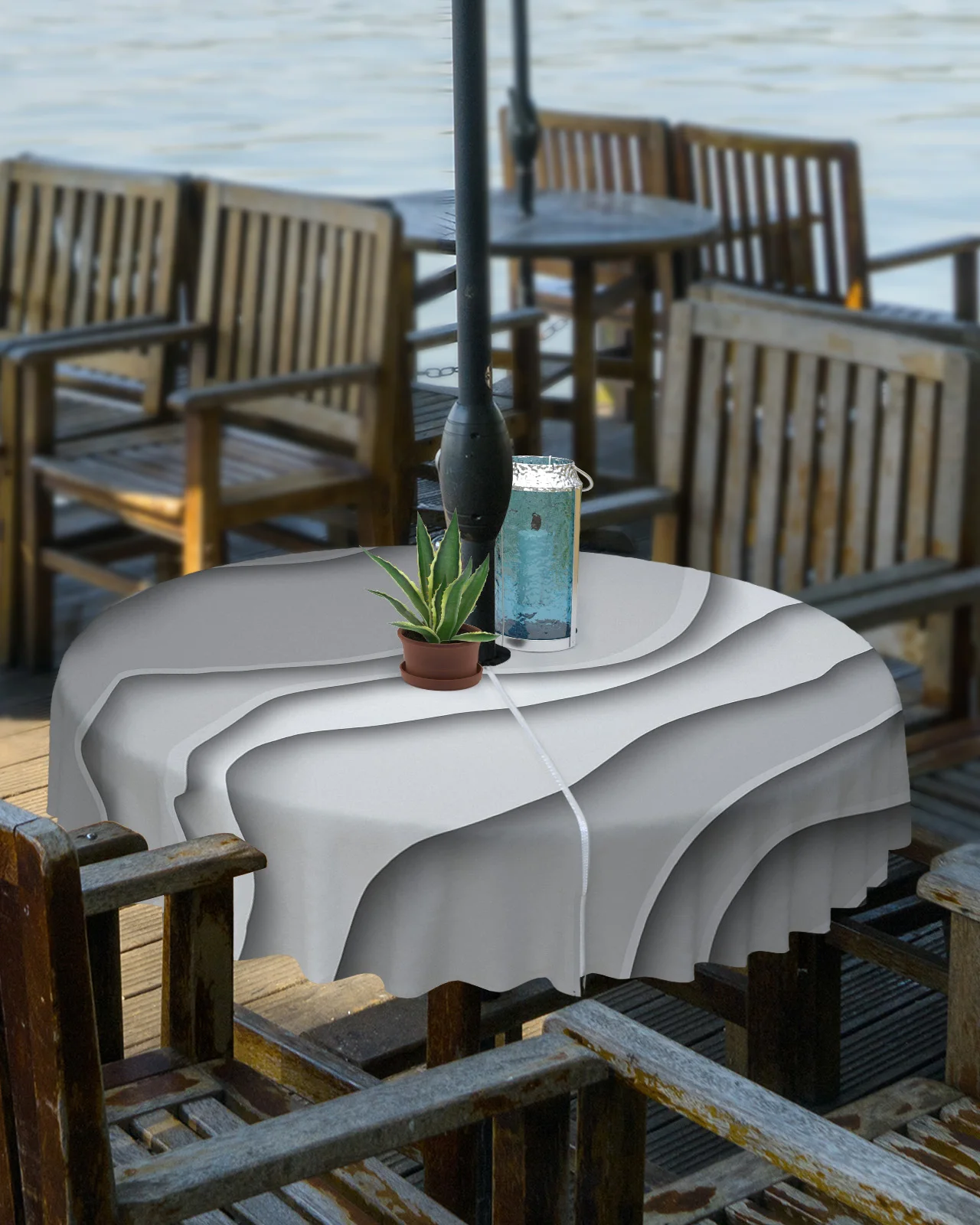 Black Gray Gradient Modern Geometric Abstraction Outdoor Tablecloth with Umbrella Hole Zippered Waterproof Round Table Cover