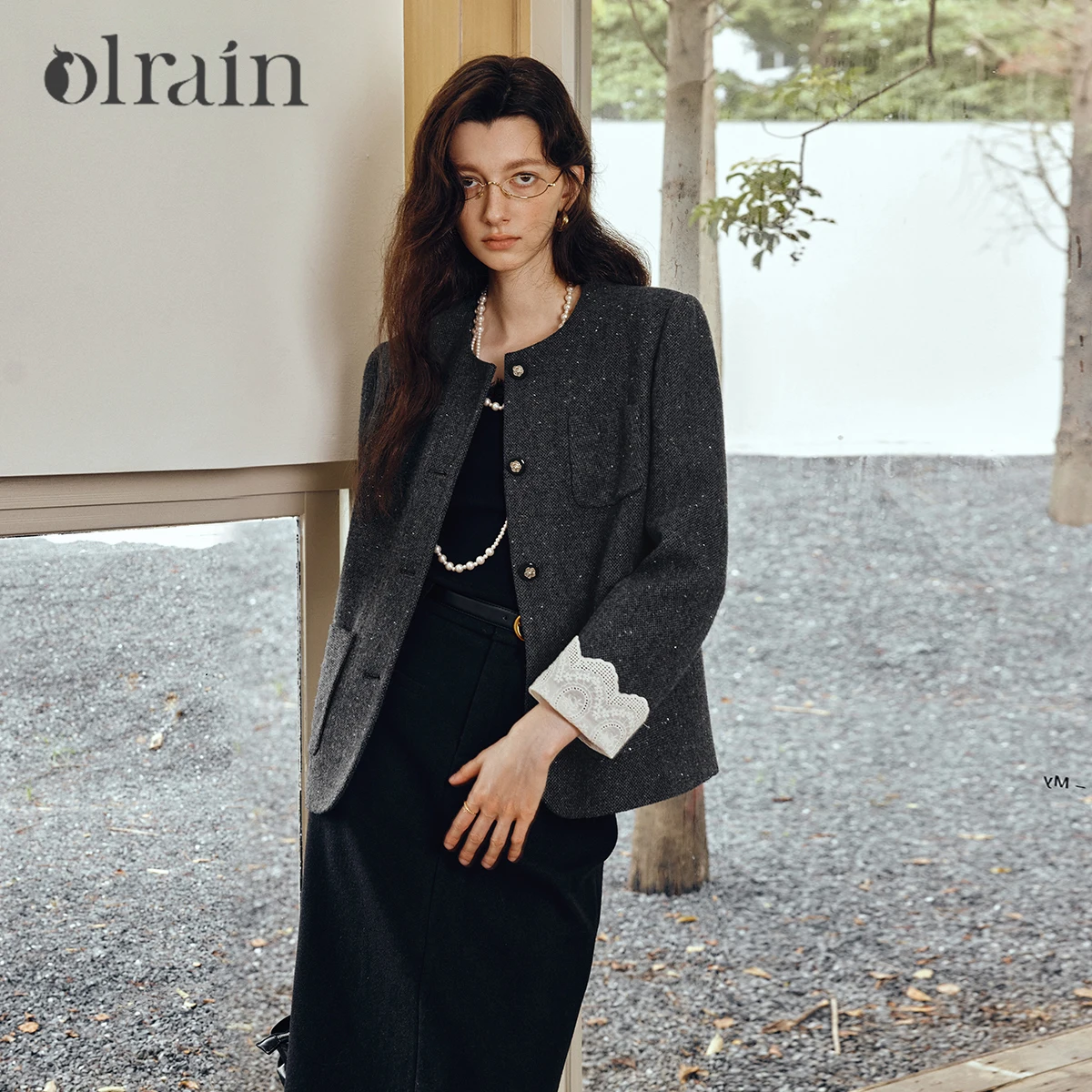 

OLrain Women's Jacket French Style Lace Spliced Round Neck Coats Spring 2026 Luxury Beading Pockets Lady Wool Coat GO57QW001523