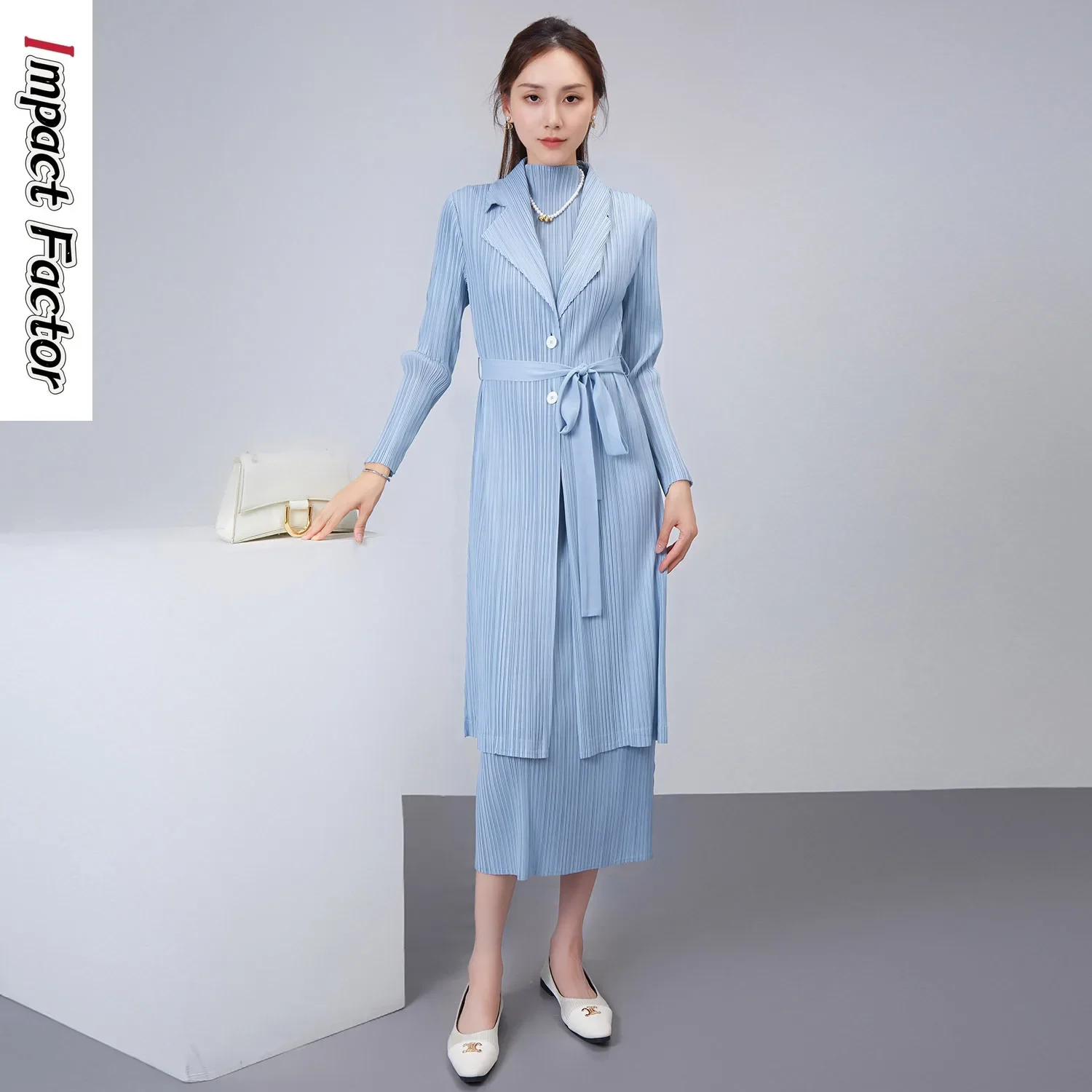 Miyake Pleated 2024 Spring and Autumn New Single Breasted Mid Length Suit Collar Windbreaker Women's Solid Lace Up Cardigan Coat