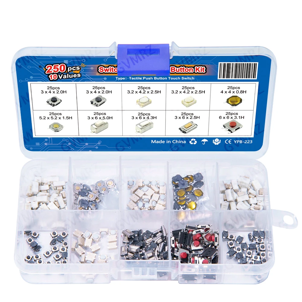 250PCS 4 Pin SMD PCB Momentary Self-reset Car Remote Control Switch Repair Micro Tactile Tact Push Button Switch Assorted Kit 2P