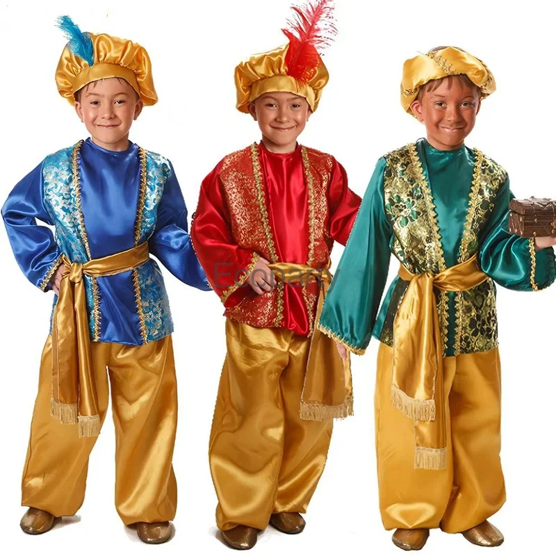 Kids Arabian Prince Cosplay Costume Boy Tradition India Arab Prince Dress Up Children Halloween Masquerade Carnival Party Outfit