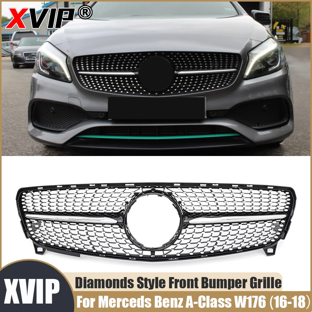 

Глянцевая черная решетка переднего бампера XVIP Diamonds Style, подходит для Mercedes Benz A-Class W176 2016-2018 A180 A200 A250 A45 AMG Grille