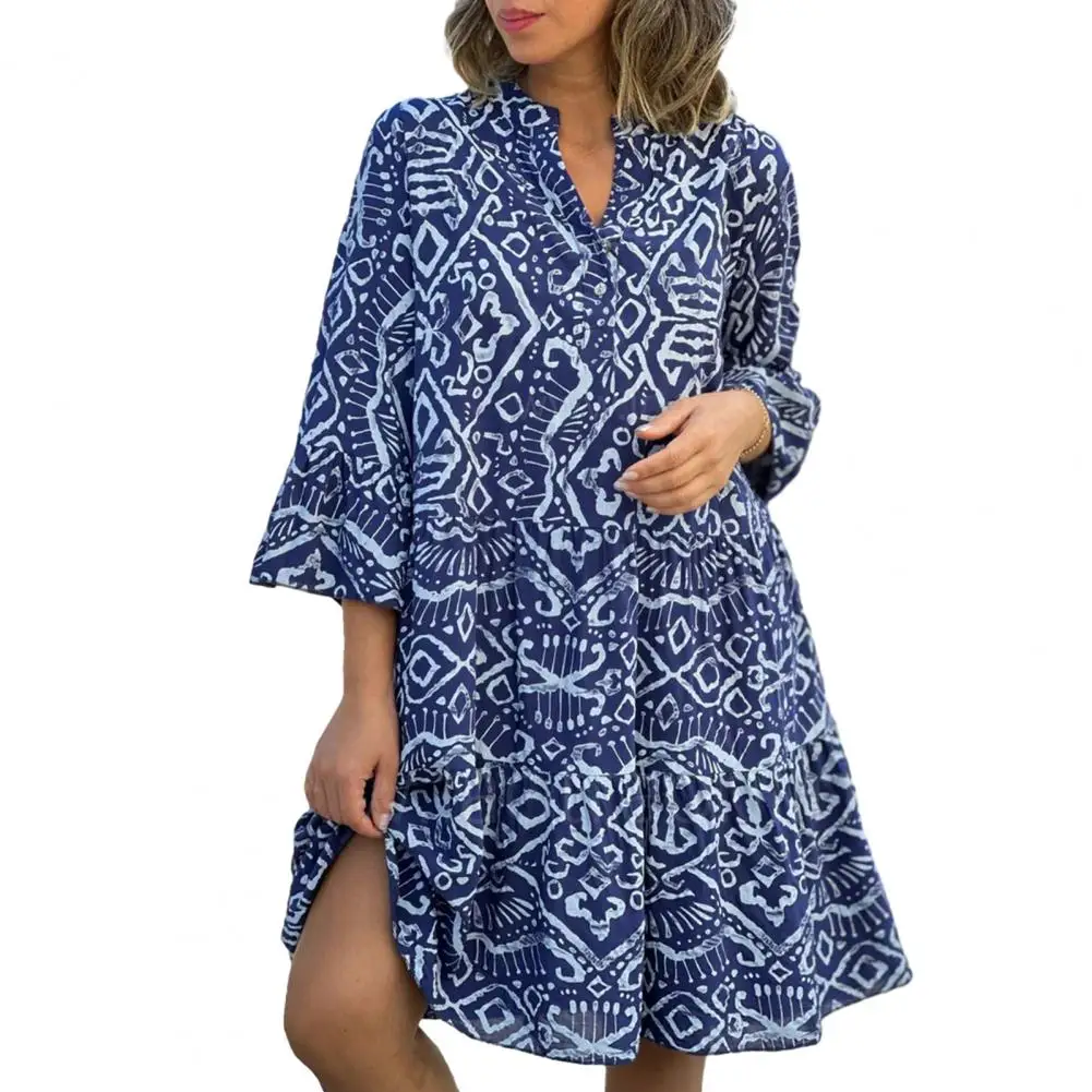 Women Dress Three Quarter Horn Sleeve Geometric Print A-line Patchwork Loose Hem V Neck Bohemian Midi Dress