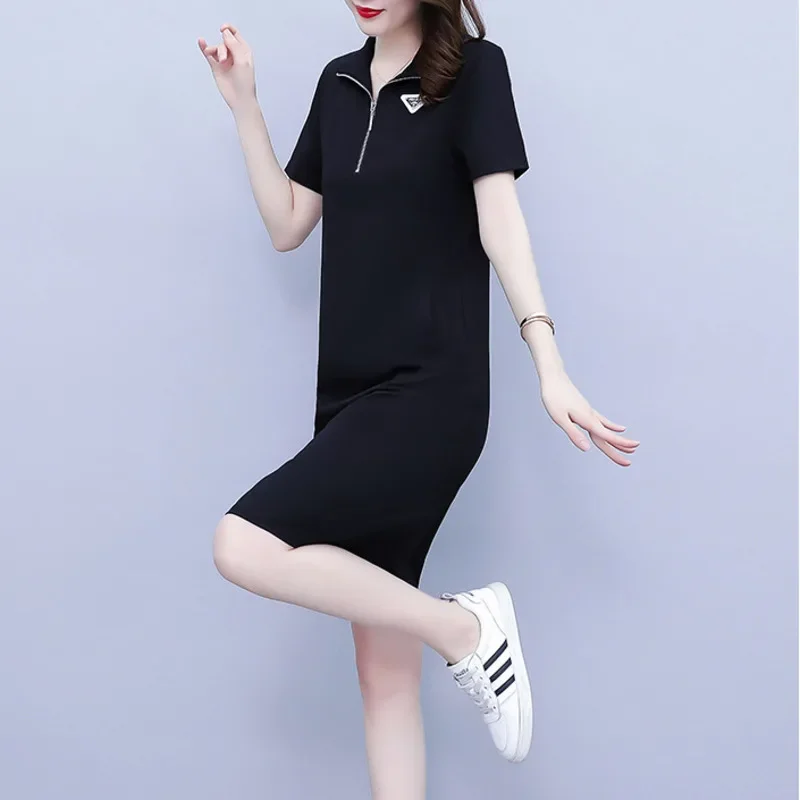 Schwarz gestreiftes T-Shirt Kleid Kurzarm schlanke koreanische Stil Baumwolle Mini kleid Turn-Down-Kragen Reiß verschluss Büro taschen Sommer