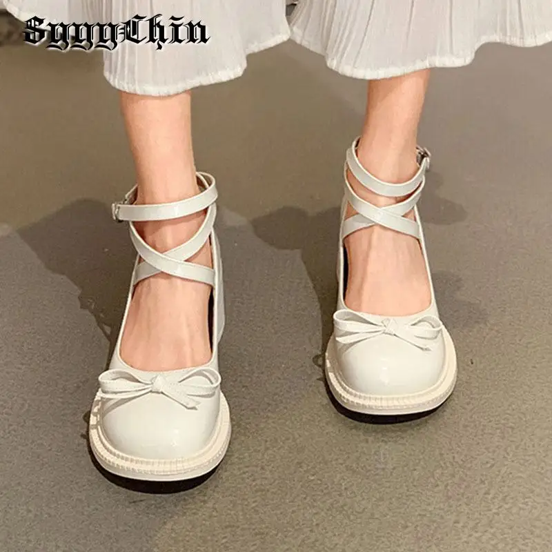 New Women Pumps Mary Jane Lolita Bow-knot Ladies Chunky Heel Sandals Female Cross-tied Ankle Buckle Round Toe Solid Sweet Shoes