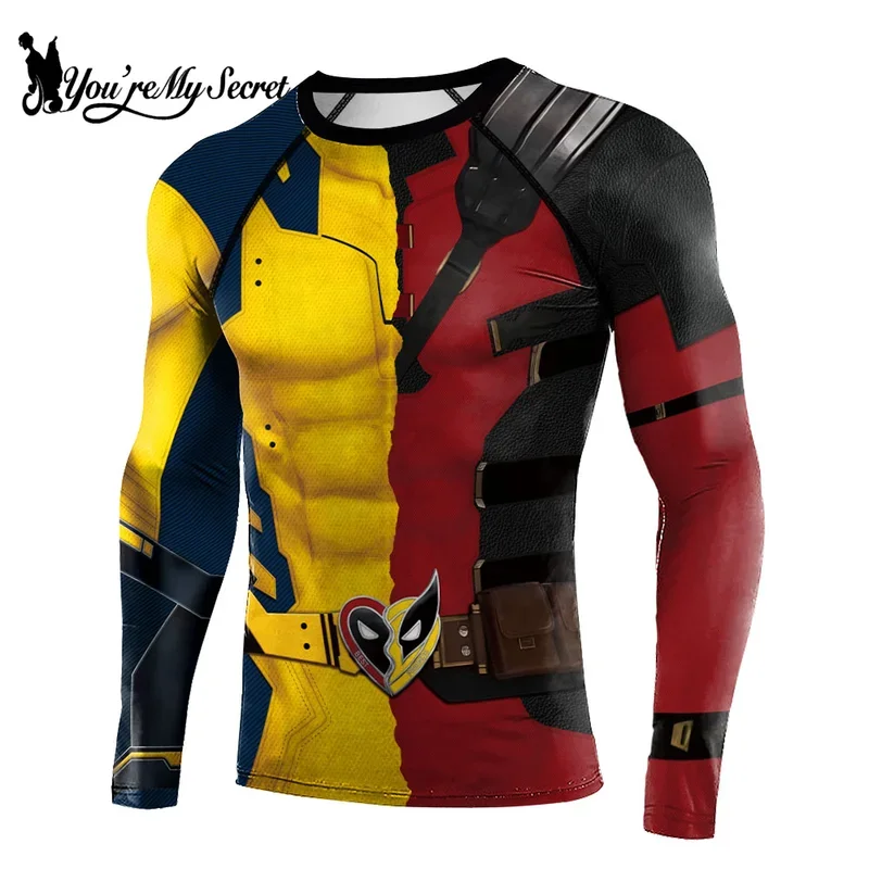 [You're My Secret] Superhero Long Sleeve Workout Costume Deadpool Wolverine Cosplay Compression Shirt Gym Fitness Top Tee Male