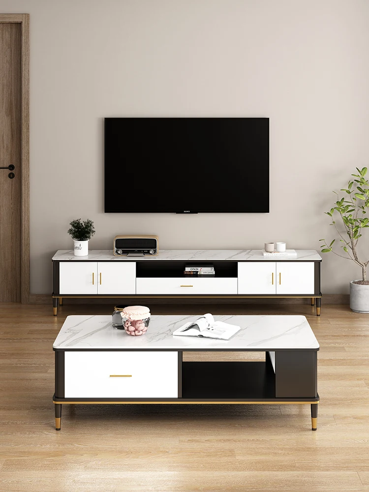 Marble TV Cabinet Modern Simple Small Apartment Living Room White Light Luxury Stone Plate Tea Table Combination