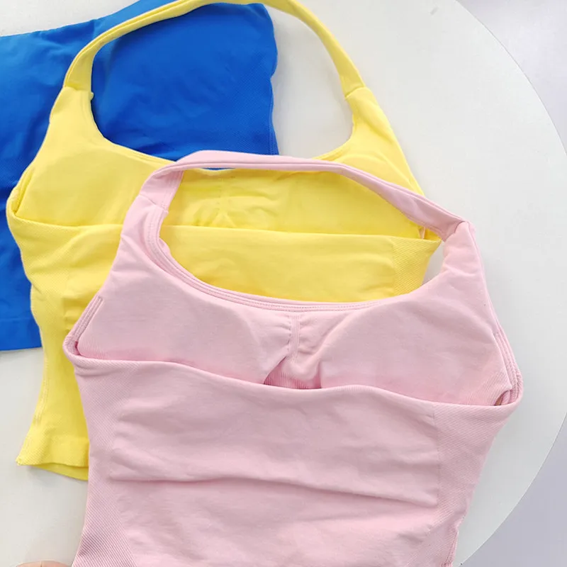 Women Long Halter Square Neck Sports Top Wide Straps Backless Bodycon with Padded High Impact Fitness Bra