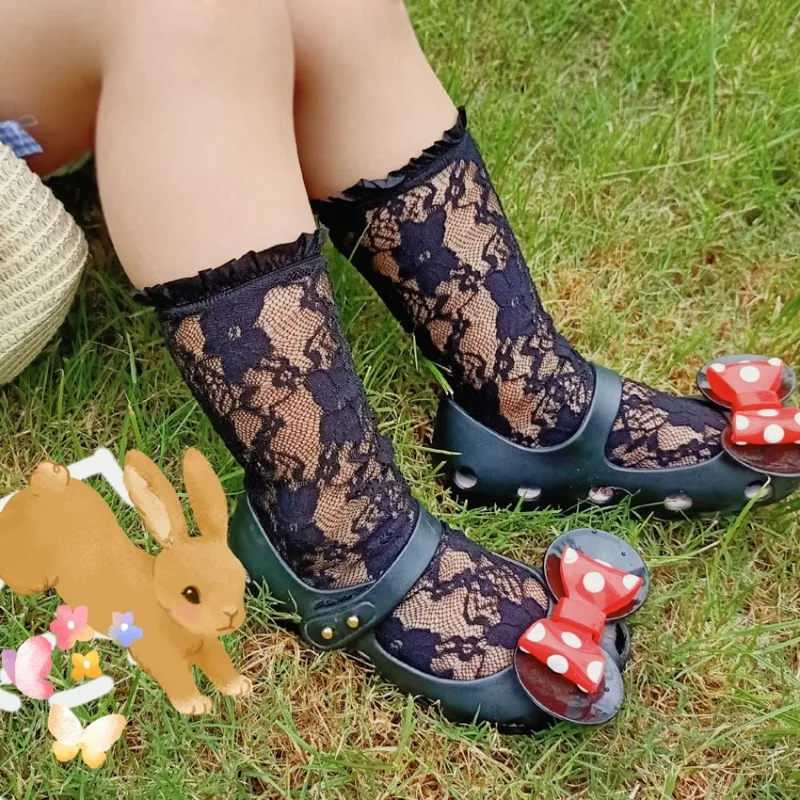 Lace Frill Straight Socks Without Heels for Baby Girls Korean Style Sweet Kids Summer Flower Crochet Hollowing Long Stockings