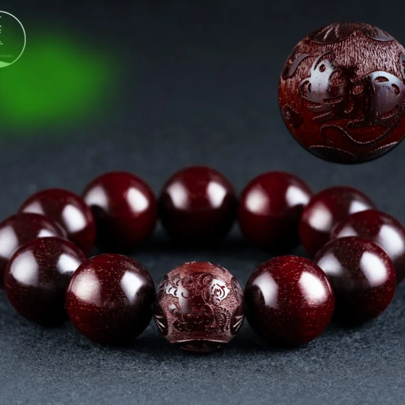 

Authentic Indian Lobular Red Sandalwood Bracelet Chinese 12 Zodia Carving 2.0 HandString Men's Literary Play Plate Buddha Beads