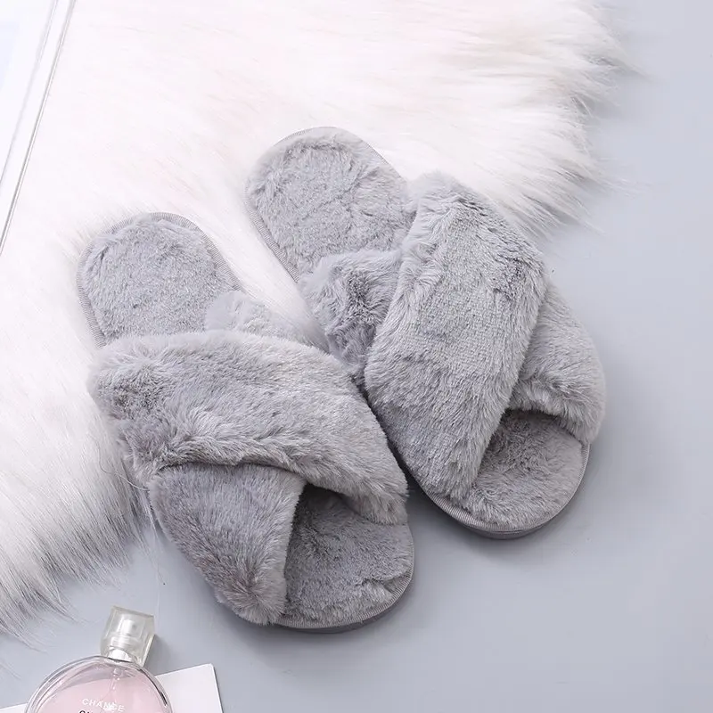 Warm Fluffy Slippers Women\'s Plush Slippers Comfortable Faux Fur Cross Indoor Bedroom Floor Ladies Slippers Flat Soft Fur Shoes