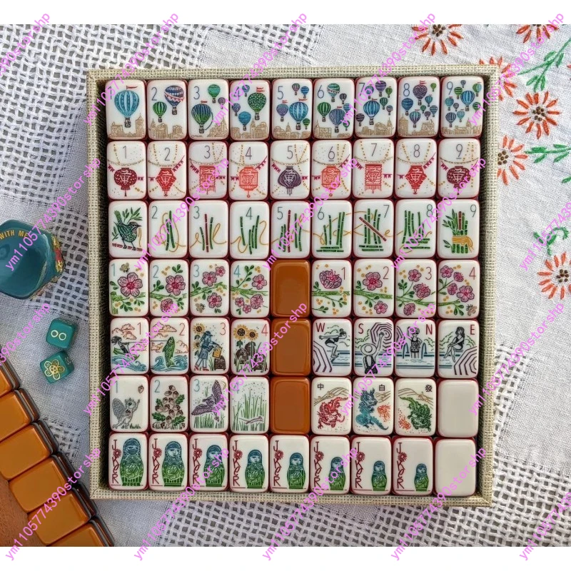 7-Layer Orange Color Block Acrylic American Mahjong Set, Portable Mini Travel Hand Painted Mahjong Tiles for Home Leisure