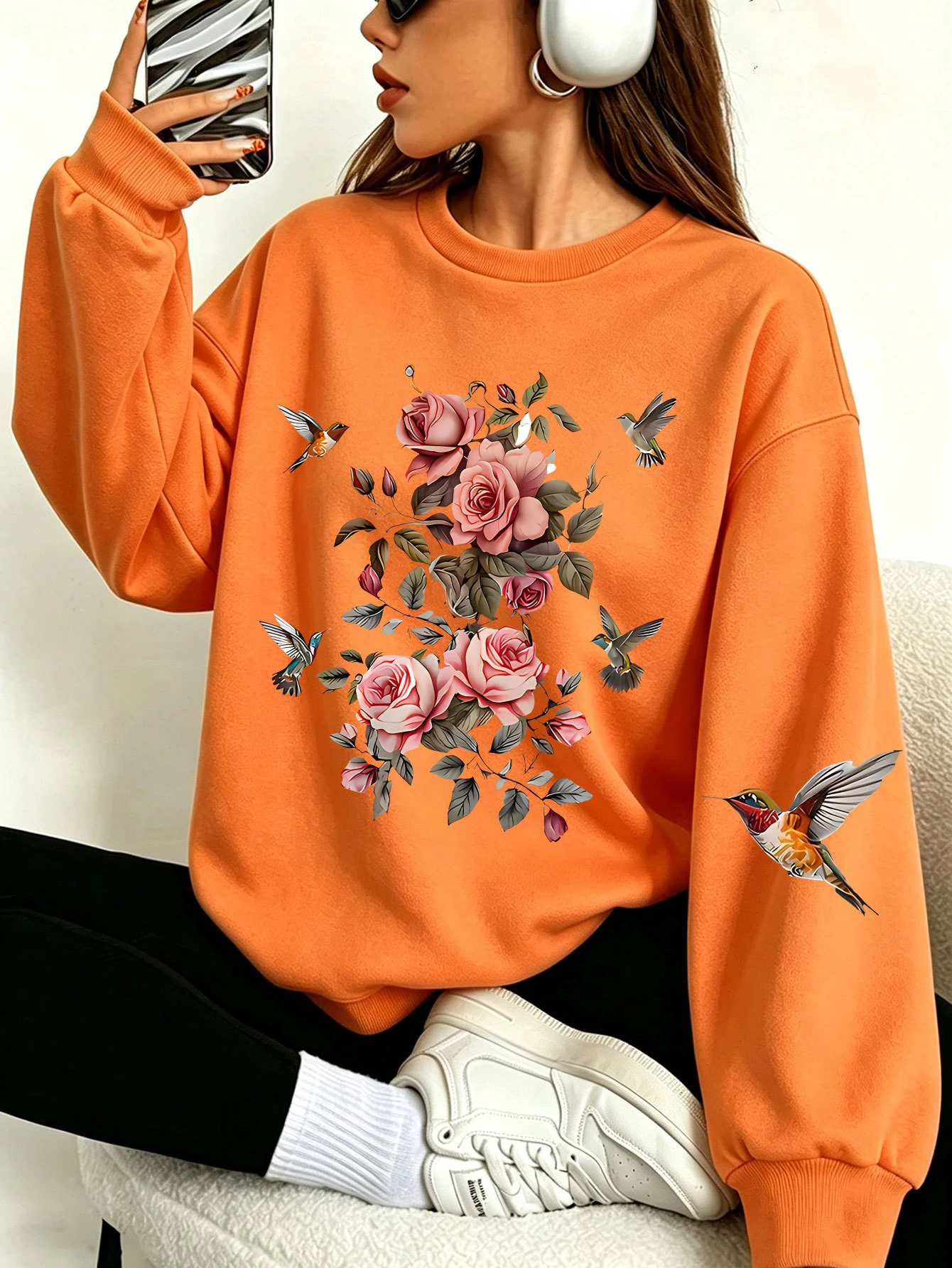 Rosa Rose Kolibri Blumendruck Damen Pullover Fleece Unisex Sweatshirt Rundhals Y2K Streetwear All-Match Herbstkleidung – Detail 14