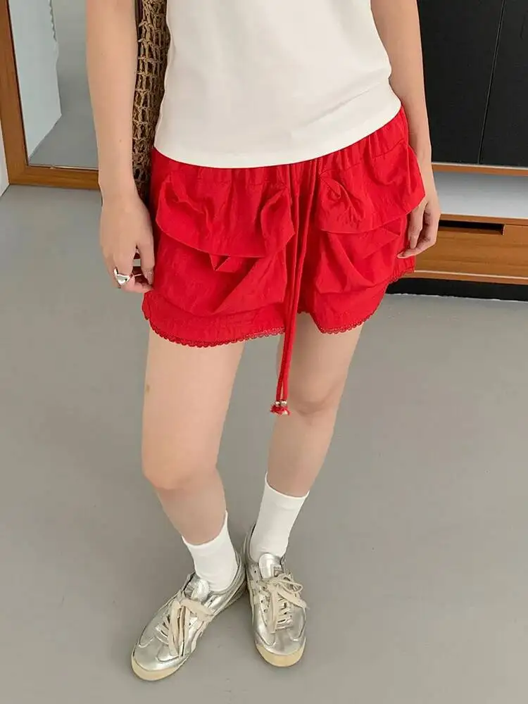 Women Red Lace Spliced Pocket Casual Wide Leg Shorts New High Waist Trousers Fashion Tide Spring Summer